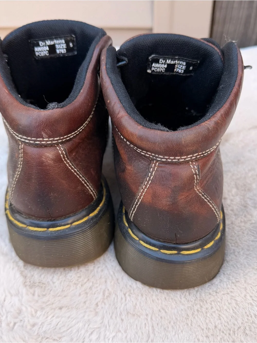 Dr. Martens Brown Leather Lace-Up Work Boots with Yellow Stitching